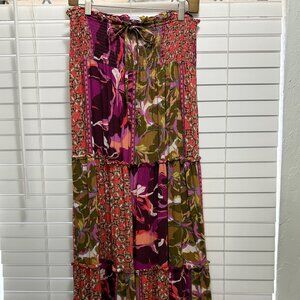 SO Boho tiered colorful multipatterened maxi skirt w/gathered waist; Size L